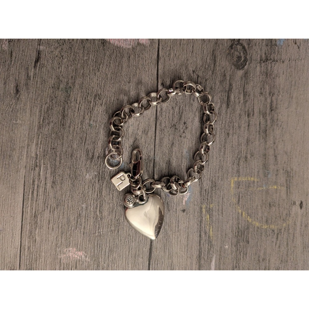 PL Silver Tone Rolo Chain Heart Charm Bracelet with Rhinestone Accent